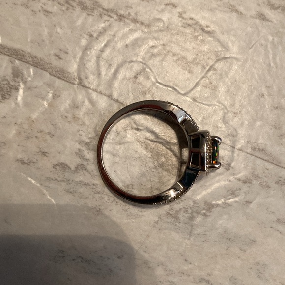 Square Lab Created Midnight Fire Opal & Faux Diamond Ring Silver Tone Band - Picture 5 of 6